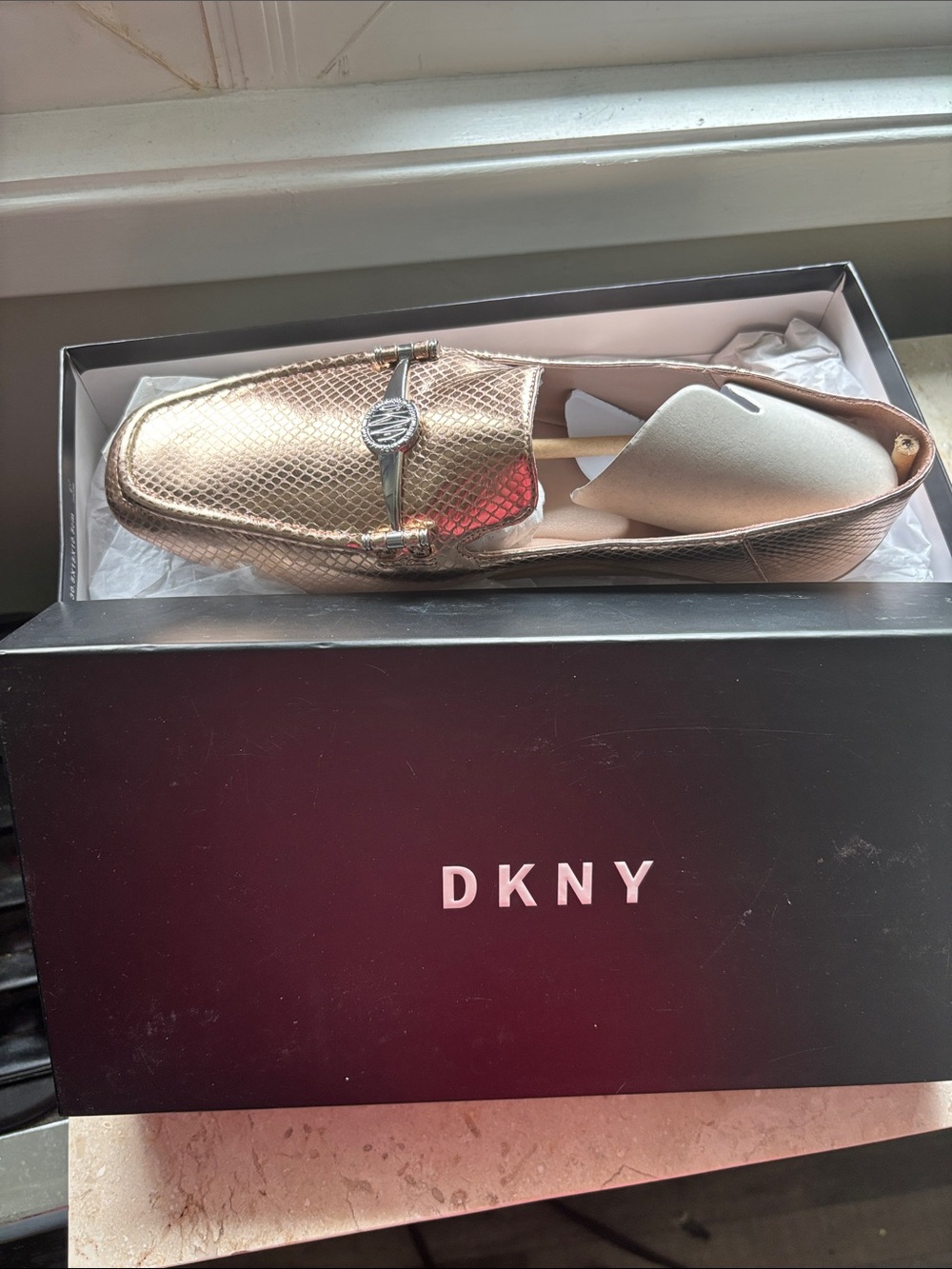 DKNY Metallic Rose Gold Bit Loafer